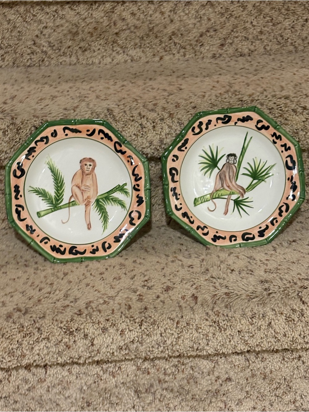 Hand-Painted Monkey Accent Plates - Green and Peach